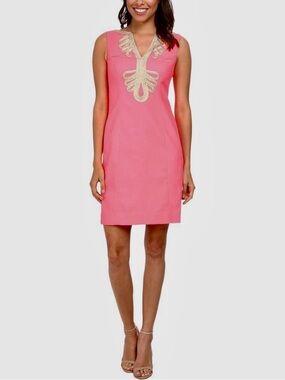 Lilly Pulitzer Janice Coral-Pink Dress with Gold Embroidered Trim